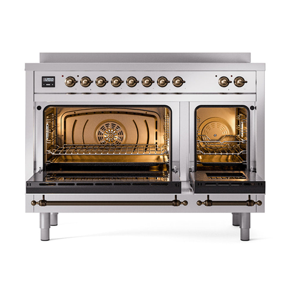 ILVE Nostalgie II 48-Inch Induction Range, Solid Door Oven, Stainless Steel with Burnished Bronze Trim (UPI486QNMPSSB)