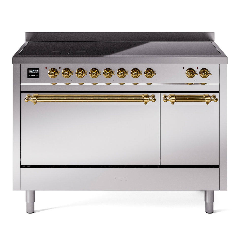 ILVE Nostalgie II 48-Inch Induction Range, Solid Door Oven, Stainless Steel with Brass Trim (UPI486QNMPSSG)