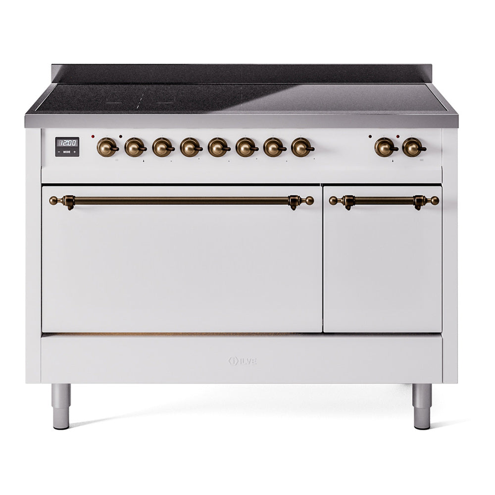 ILVE Nostalgie II 48-Inch Induction Range, Solid Door Oven, White with Burnished Bronze Trim (UPI486QNMPWHB)