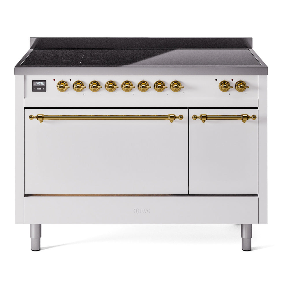 ILVE Nostalgie II 48-Inch Induction Range, Solid Door Oven, White with Brass Trim (UPI486QNMPWHG)