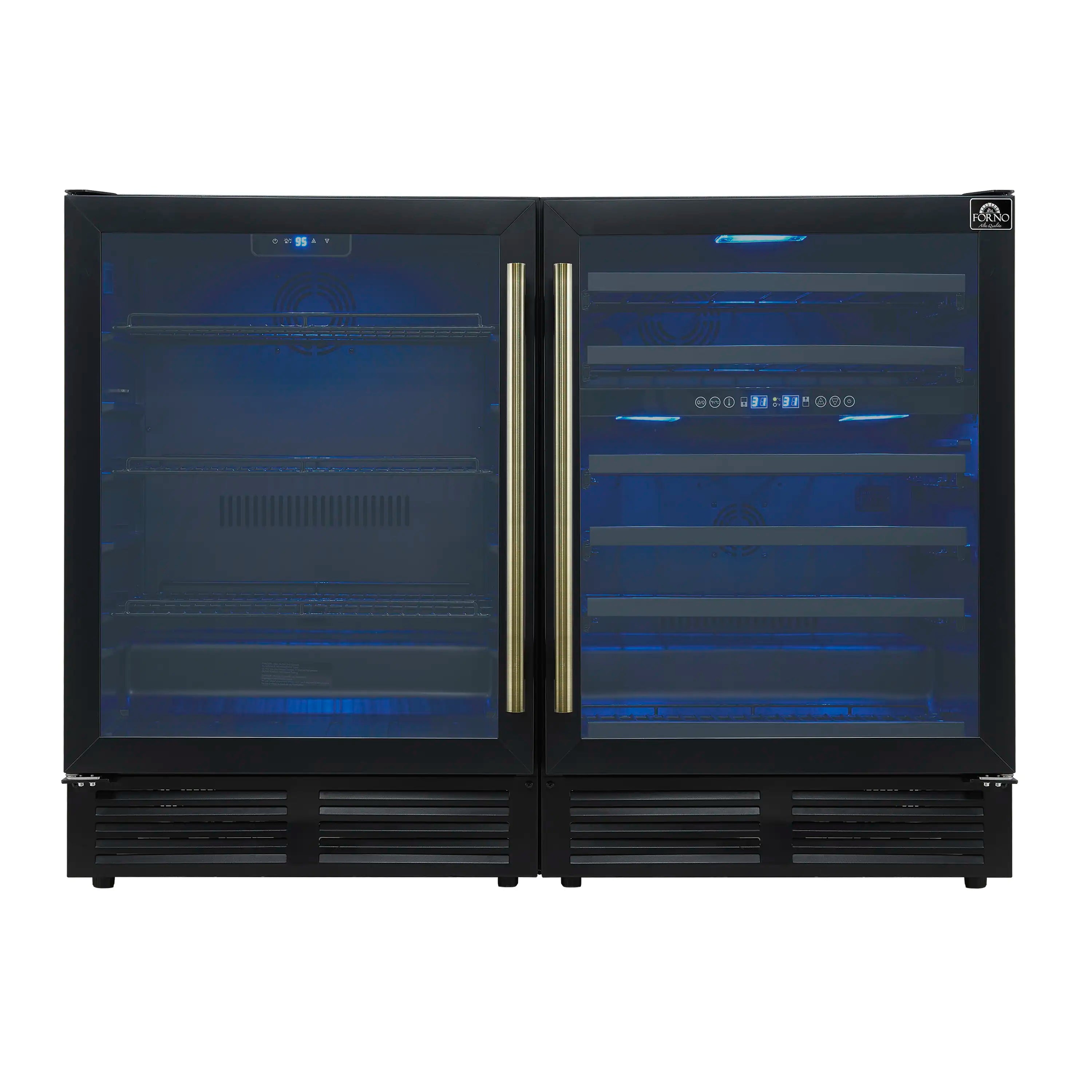 Forno Gemello 48-Inch 9.6 Cu. Ft. Side-by-Side Wine and Beverage Cooler in Black with Antique Brass Handle (FWCDR6699-48BLK)