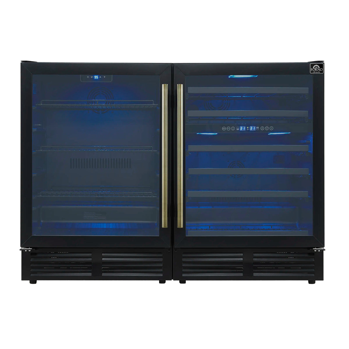 Forno Gemello 48-Inch 9.6 Cu. Ft. Side-by-Side Wine and Beverage Cooler in Black with Antique Brass Handle (FWCDR6699-48BLK)