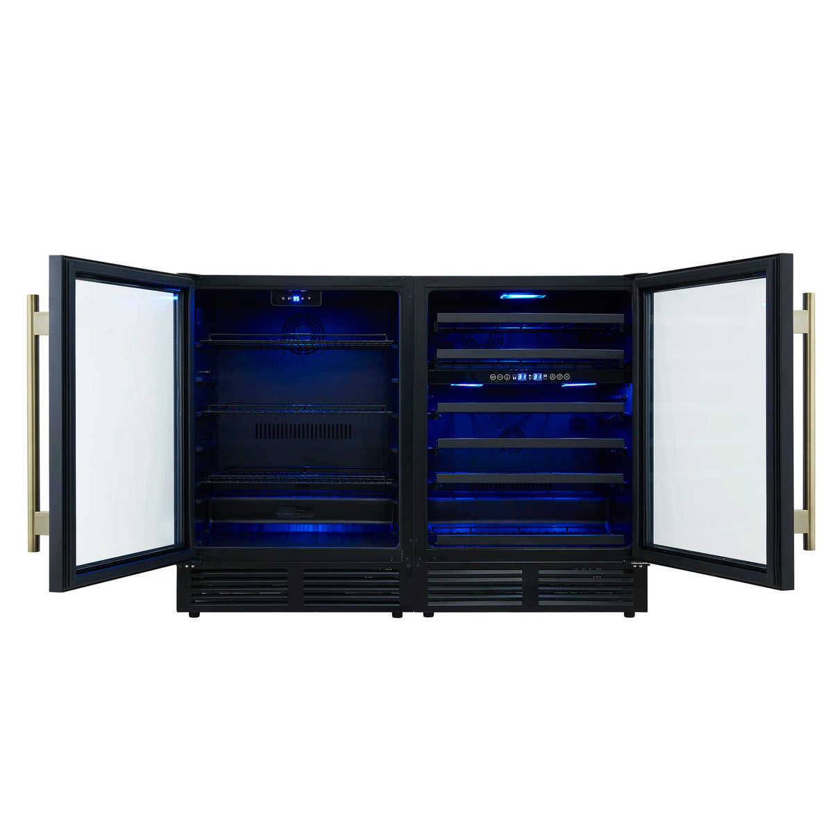 Forno Gemello 48-Inch Undercounter Side-by-Side Wine/Beverage Cooler, 9.6 Cu. Ft., Black with Antique Brass Handle (FWCDR6699-48BLK)