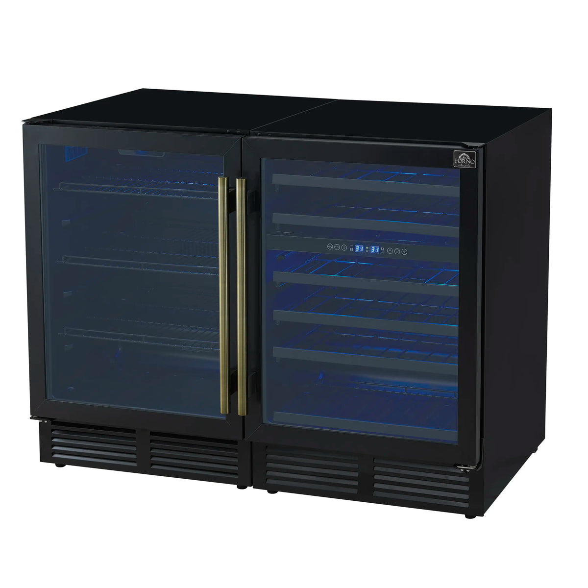 Forno Gemello 48-Inch 9.6 Cu. Ft. Side-by-Side Wine and Beverage Cooler in Black with Antique Brass Handle (FWCDR6699-48BLK)