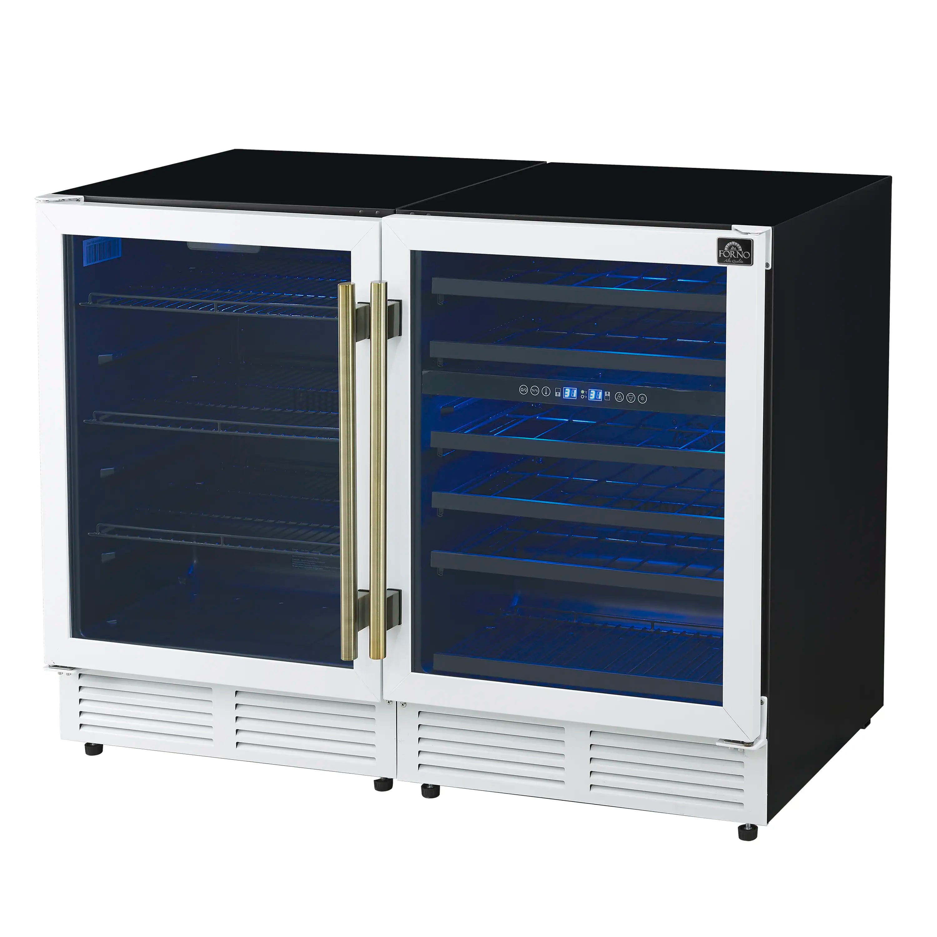Forno Gemello 48-Inch 9.6 Cu. Ft. Side-by-Side Wine and Beverage Cooler in White with Antique Brass Handle (FWCDR6699-48WHT)
