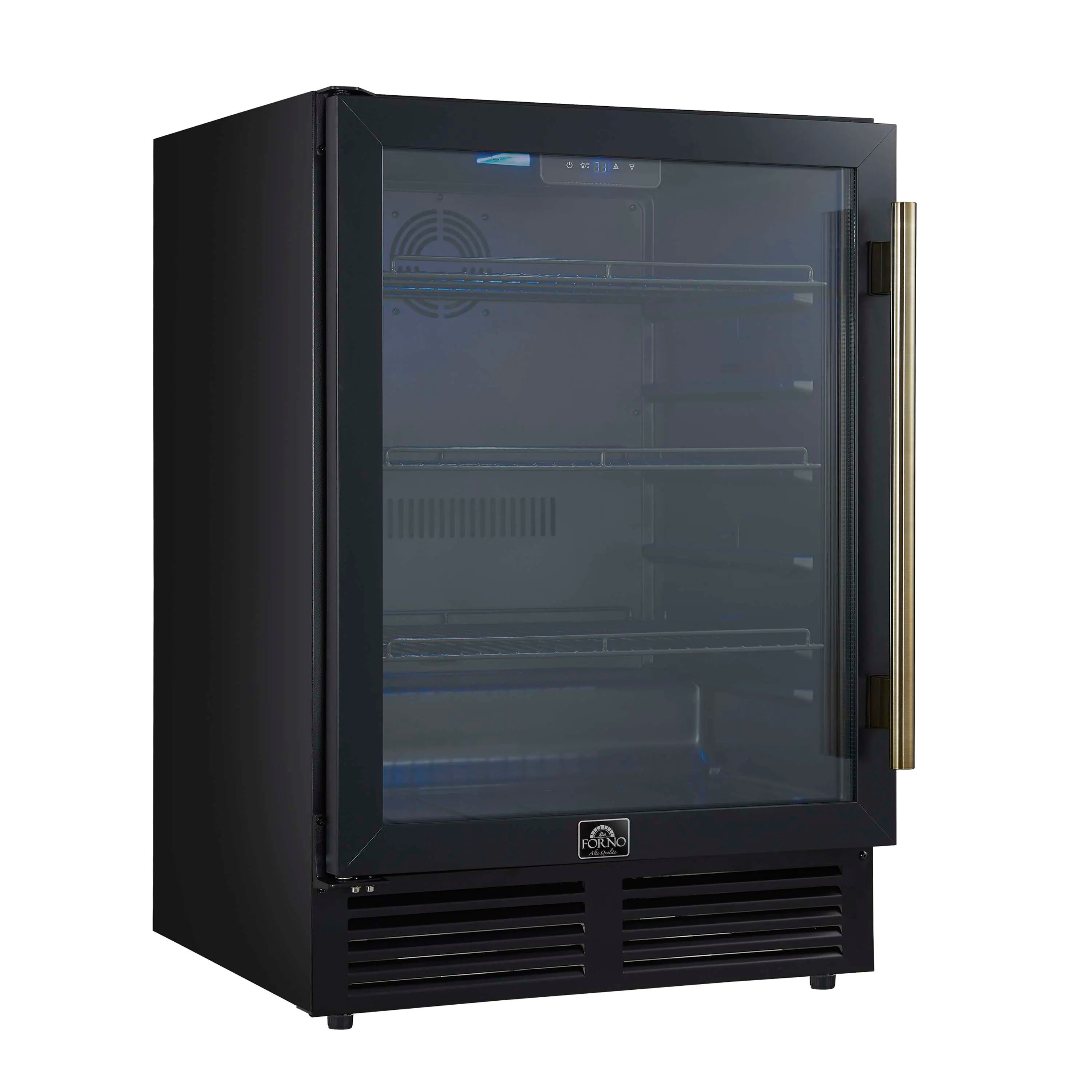 Forno Frescolino 24-Inch Beverage Cooler in Black with Antique Brass Handle, with LED Lighting, Triple Glass Door, 188 Can Capacity, Built-In or Freestanding (FWCDR6665-24BLK)