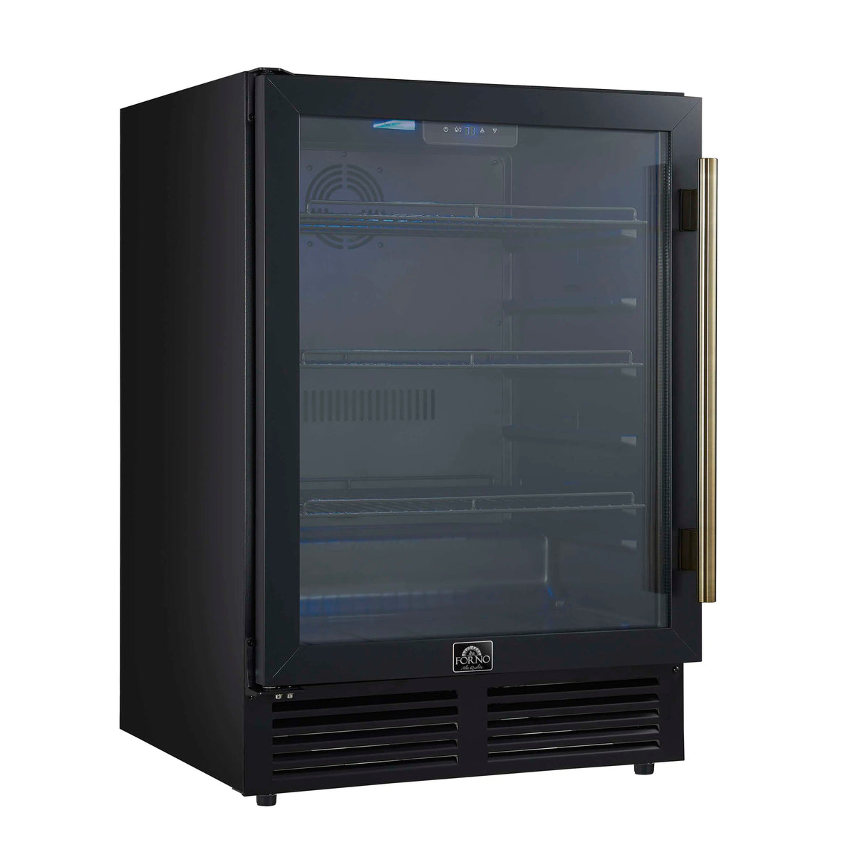 Forno Frescolino 24-Inch Beverage Cooler in Black with Antique Brass Handle, with LED Lighting, Triple Glass Door, 188 Can Capacity, Built-In or Freestanding (FWCDR6665-24BLK)
