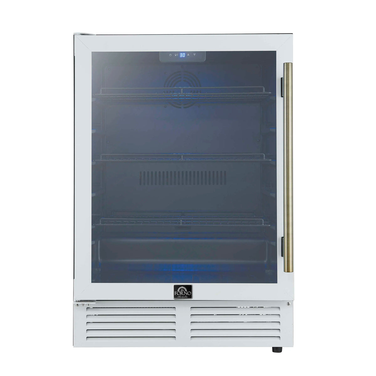 Forno Frescolino 24-Inch Beverage Cooler in White with Antique Brass Handle, with LED Lighting, Triple Glass Door, 188 Can Capacity, Built-In or Freestanding (FWCDR6665-24WHT)