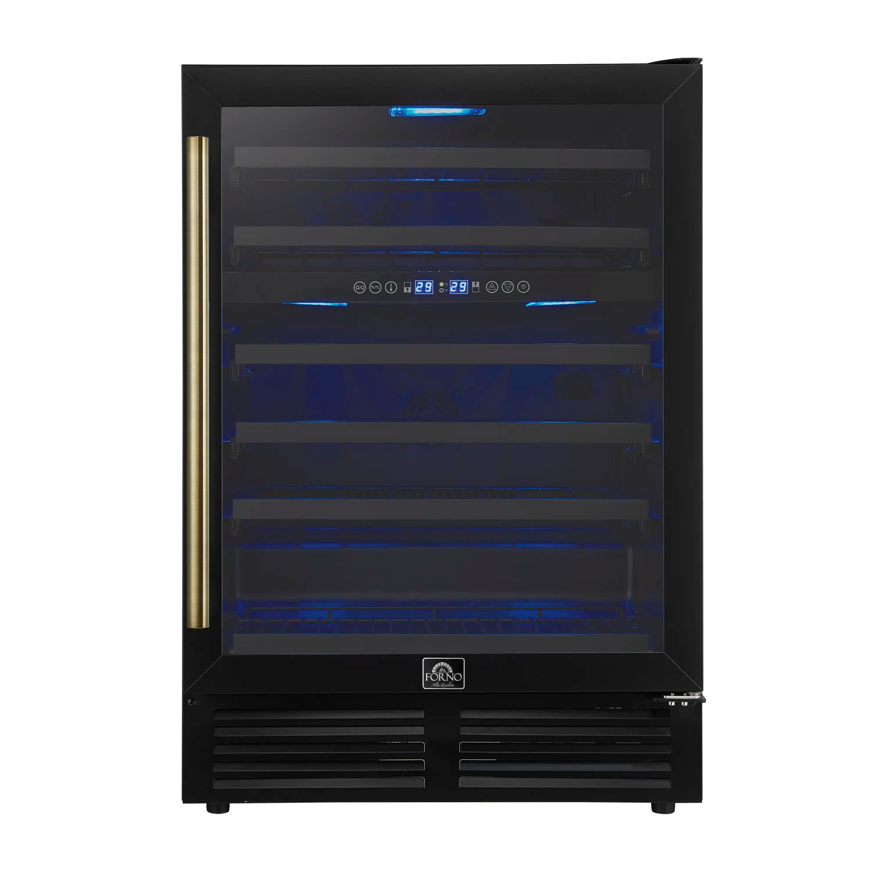 Forno Bachino 24-Inch Wine Cooler in Black with Antique Brass Handle, with LED Lighting, Triple Glass Door, & 51 Bottle Capacity (FWCDR6634-24BLK)