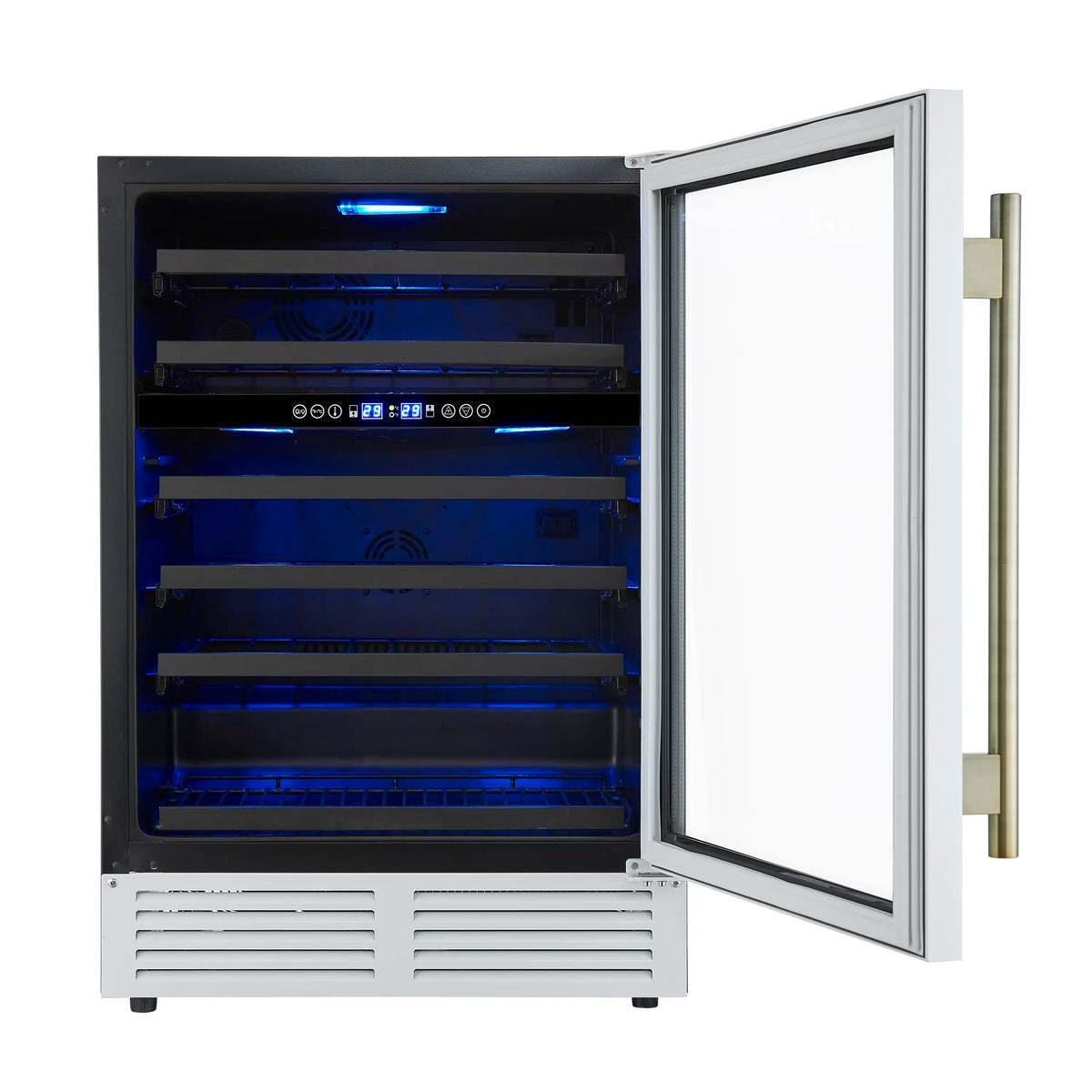 Forno Bachino 24-Inch Built-In Wine Cooler, 51 Bottles, LED Lighting, Triple Glass Door, White with Antique Brass Handle (FWCDR6634-24WHT)
