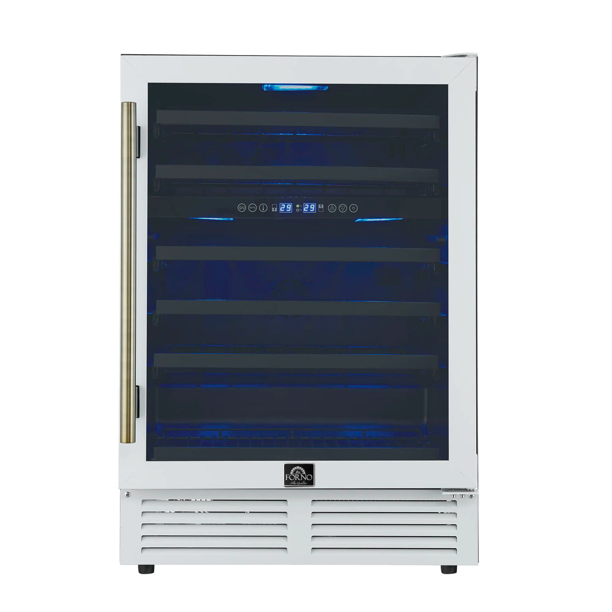 Forno Bachino 24-Inch Wine Cooler in White with Antique Brass Handle, with LED Lighting, Triple Glass Door, & 51 Bottle Capacity (FWCDR6634-24WHT)