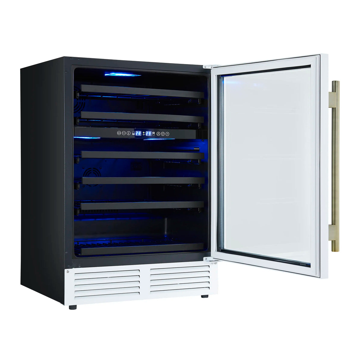 Forno Bachino 24-Inch Built-In Wine Cooler, 51 Bottles, LED Lighting, Triple Glass Door, White with Antique Brass Handle (FWCDR6634-24WHT)