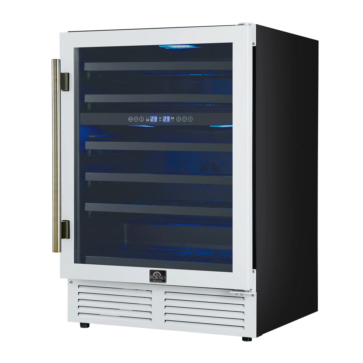 Forno Bachino 24-Inch Built-In Wine Cooler, 51 Bottles, LED Lighting, Triple Glass Door, White with Antique Brass Handle (FWCDR6634-24WHT)