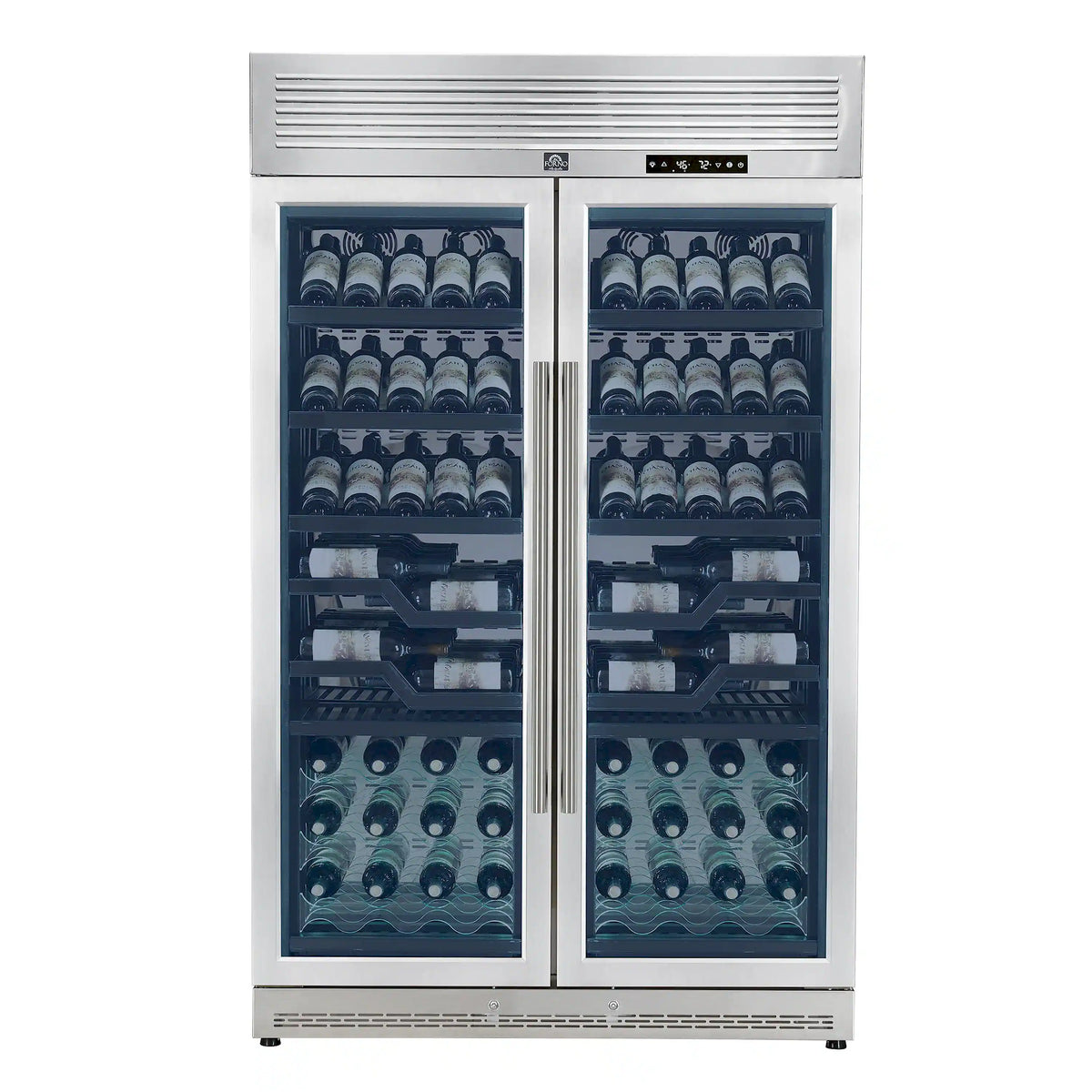 Forno Abruzzo 48-Inch Built-In Dual Zone Wine Cooler, 102 Bottles, 24 Cu. Ft., Green Acrylic Holders, Black Shelves (FWCDR6610-48S)