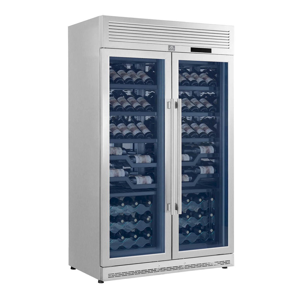 Forno Abruzzo 48-Inch Built-In Dual Zone Wine Cooler, 102 Bottles, 24 Cu. Ft., Green Acrylic Holders, Black Shelves (FWCDR6610-48S)