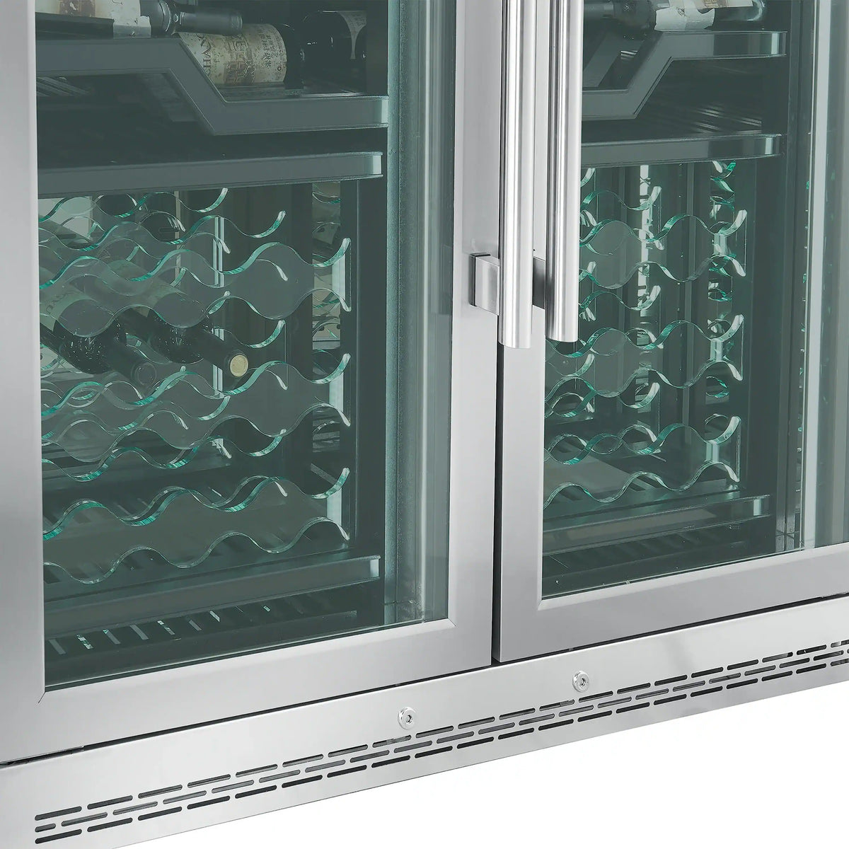 Forno Abruzzo 48-Inch Built-In Dual Zone Wine Cooler, 102 Bottles, 24 Cu. Ft., Green Acrylic Holders, Black Shelves (FWCDR6610-48S)