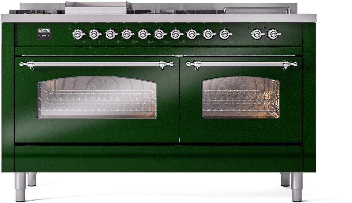 ILVE Nostalgie II 60-Inch Propane Dual Fuel Range, 7 Burners, Griddle, French Top, Triple Glass Door, Emerald Green with Chrome Trim (UP60FSNMPEGCLP)