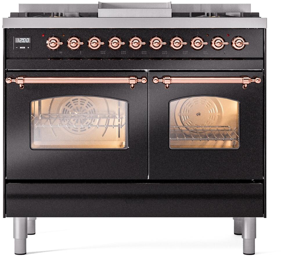 ILVE Nostalgie II 40-Inch Freestanding Dual Fuel Range, Glossy Black with Copper Trim (UPD40FNMPBKPLP)