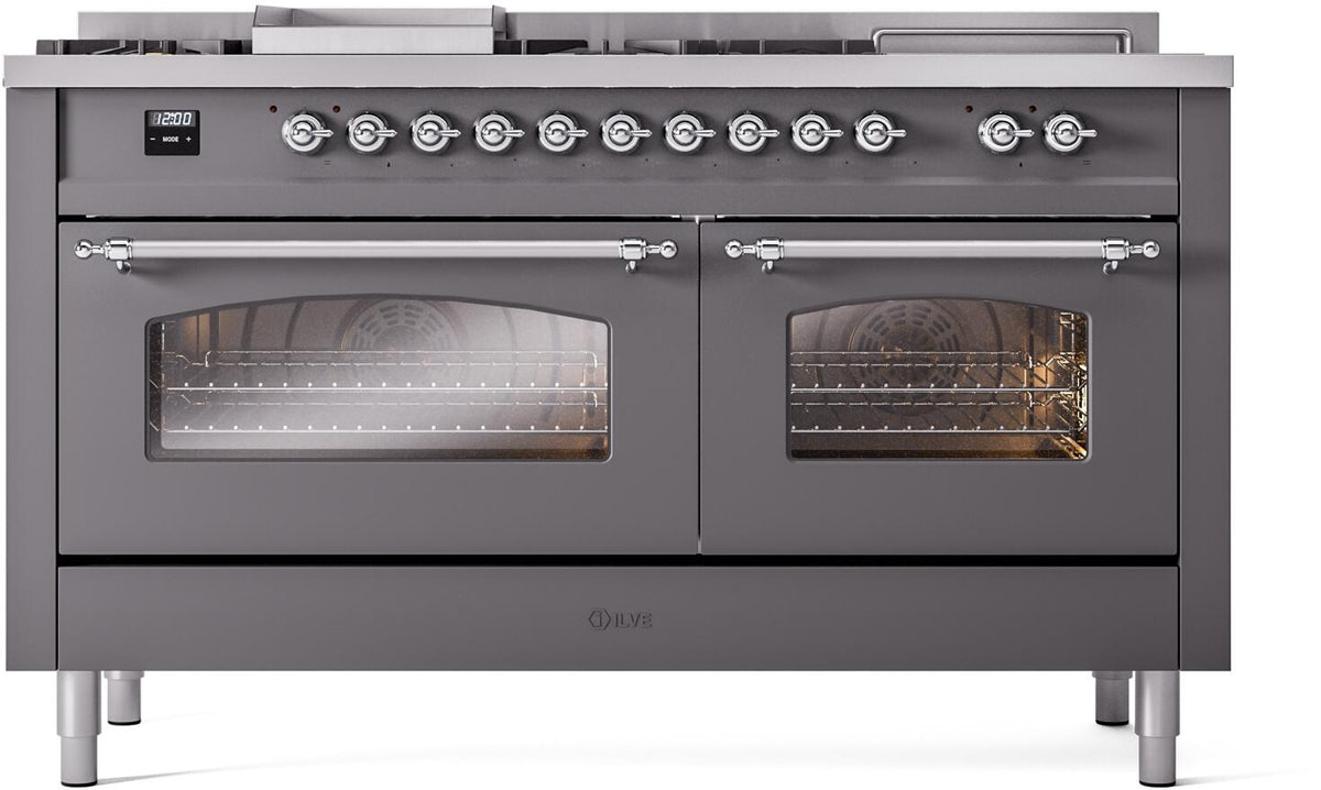 ILVE Nostalgie II 60-Inch Propane Dual Fuel Range, 7 Burners, Griddle, French Top, Triple Glass Door, Matte Graphite with Chrome Trim (UP60FSNMPMGCLP)