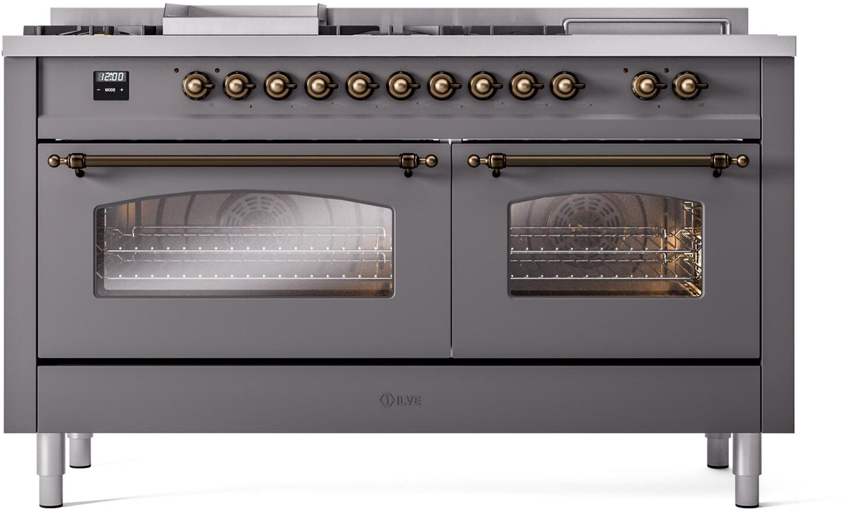 ILVE Nostalgie II 60-Inch Propane Dual Fuel Range, 7 Burners, Griddle, French Top, Matte Graphite with Burnished Bronze Trim (UP60FSNMPMGBLP)