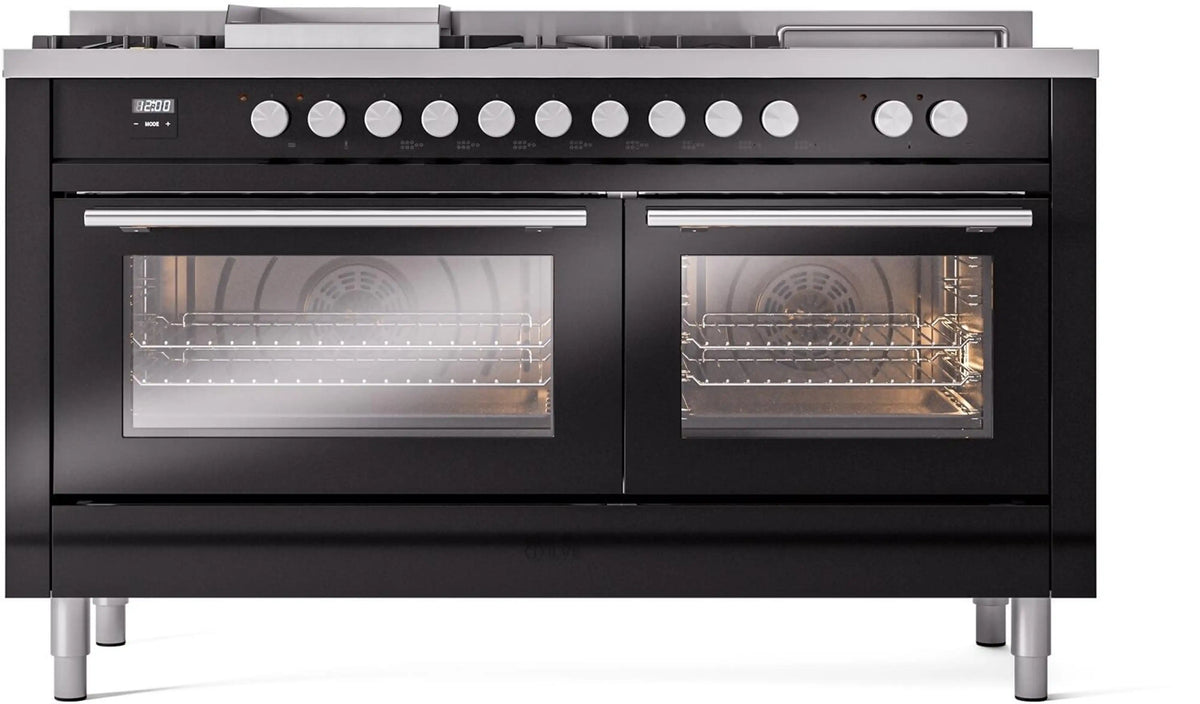 ILVE Professional Plus II 60-Inch Propane Dual Fuel Range, 7 Burners, Griddle, French Top, Triple Glass Door, Glossy Black (UP60FSWMPBKLP)