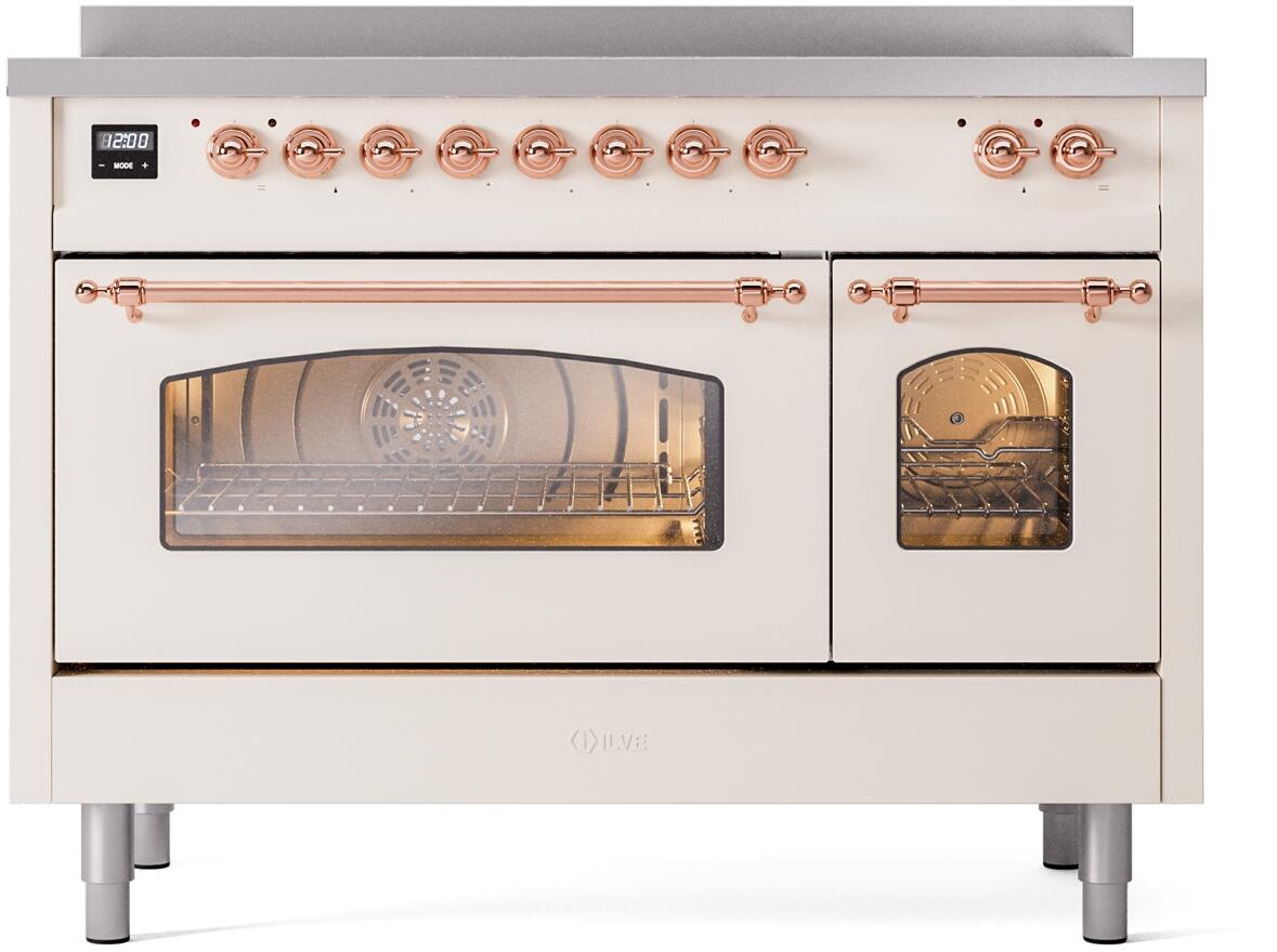 ILVE Nostalgie II 48-Inch Freestanding Electric Induction Range, Antique White with Copper Trim (UPI486NMPAWP)