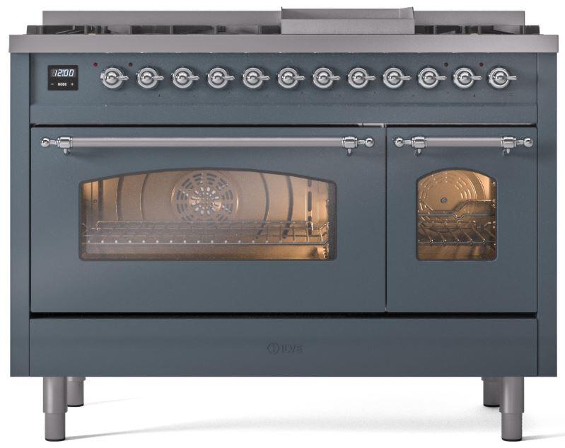 ILVE Nostalgie II 48-Inch Freestanding Natural Gas Dual Fuel Range, Blue Grey with Chrome Trim (UP48FNMPBGC)