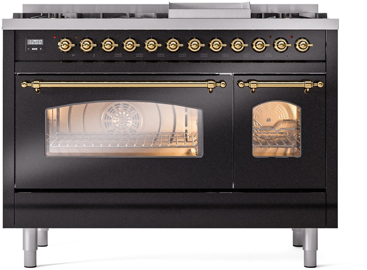 ILVE Nostalgie II 48-Inch Freestanding Dual Fuel Range, Glossy Black with Brass Trim (UP48FNMPBKGLP)