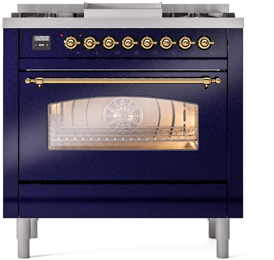 ILVE Nostalgie II 36-Inch Freestanding Dual Fuel Range, Midnight Blue with Brass Trim (UP36FNMPMBGLP)