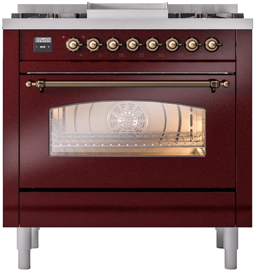 ILVE Nostalgie II 36-Inch Freestanding Natural Gas Dual Fuel Range, Burgundy with Burnished Bronze Trim (UP36FNMPBUB)