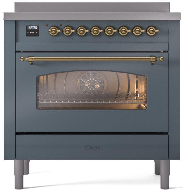 ILVE Nostalgie II 36-Inch Freestanding Electric Induction Range, Blue Grey with Brass Trim (UPI366NMPBGG)