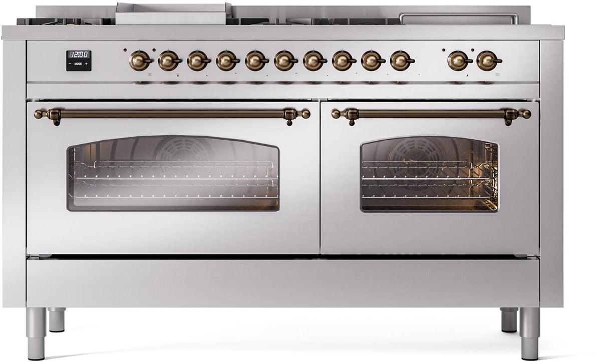 ILVE Nostalgie II 60-Inch Propane Dual Fuel Range, 7 Burners, Griddle, French Top, Stainless Steel with Burnished Bronze Trim (UP60FSNMPSSBLP)
