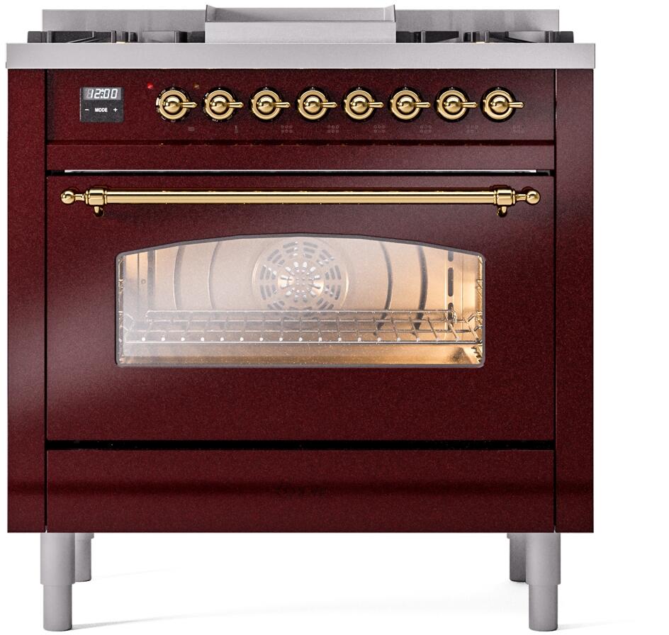 ILVE Nostalgie II 36-Inch Freestanding Natural Gas Dual Fuel Range, Burgundy with Brass Trim (UP36FNMPBUG)
