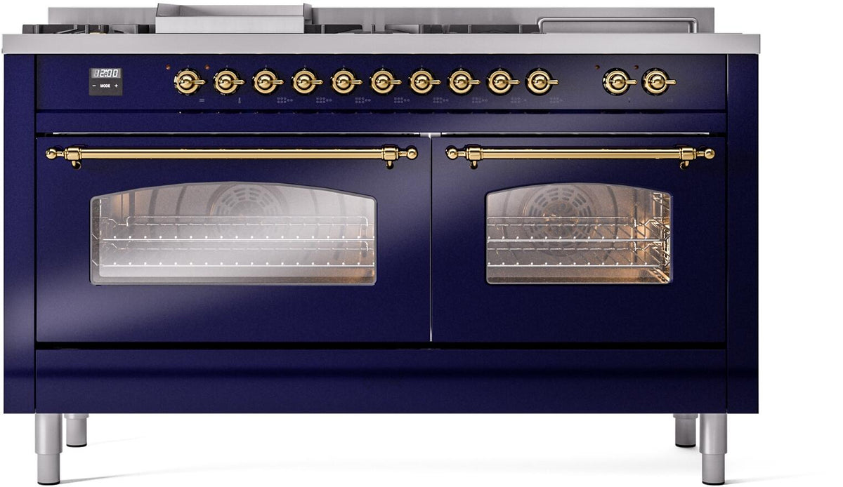 ILVE Nostalgie II 60-Inch Propane Dual Fuel Range, 7 Burners, Griddle, French Top, Triple Glass Door, Midnight Blue with Brass Trim (UP60FSNMPMBGLP)