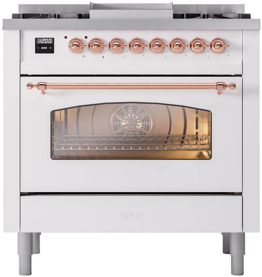 ILVE Nostalgie II 36-Inch Freestanding Natural Gas Dual Fuel Range, White with Copper Trim (UP36FNMPWHP)