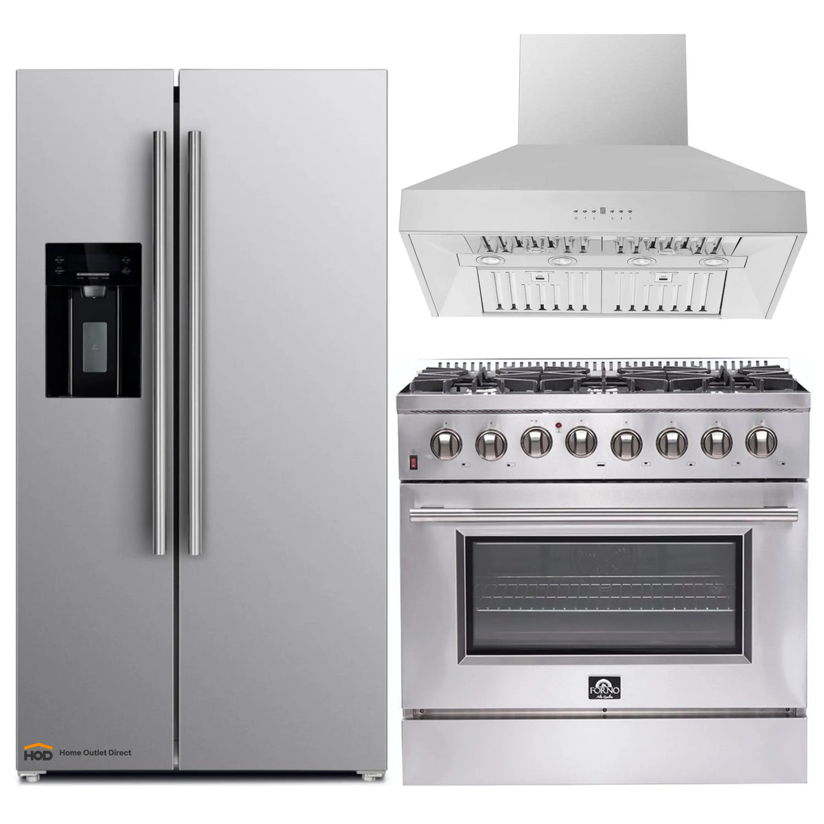 Forno 3-Piece Appliance Package - 36-Inch Dual Fuel Range, Refrigerator with Water Dispenser, & Wall Mount Hood in Stainless Steel