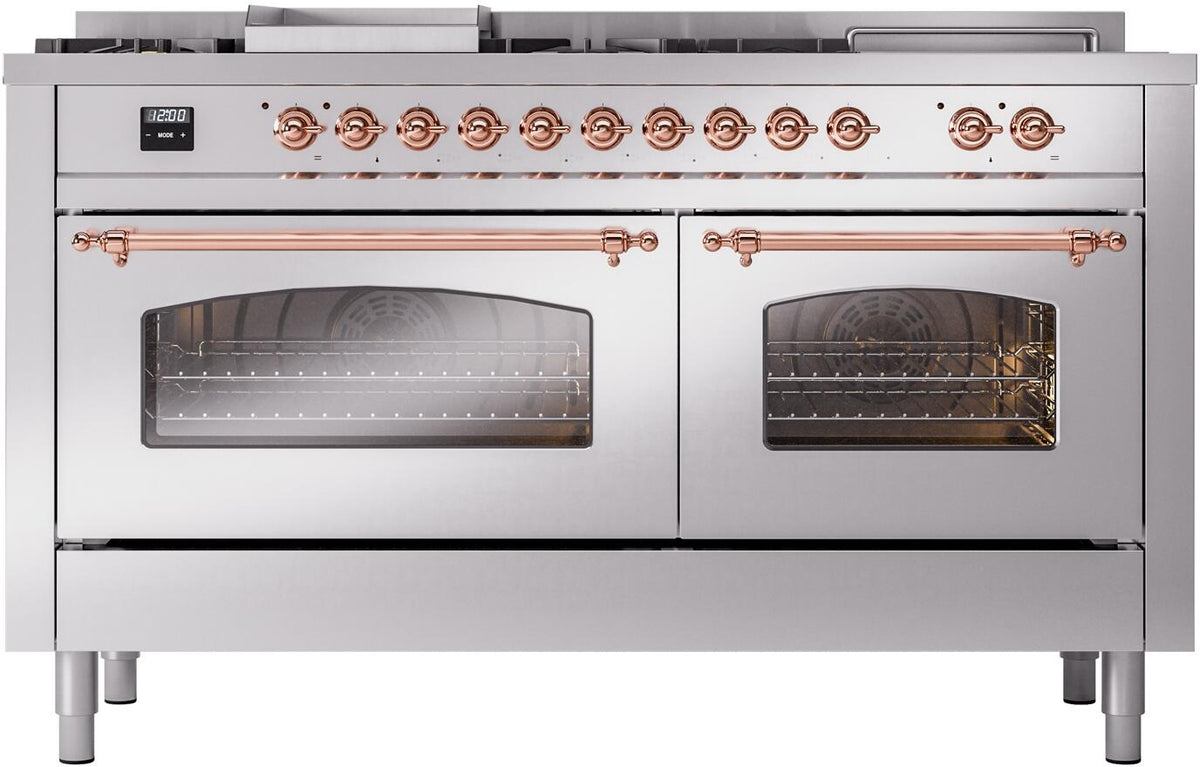 ILVE Nostalgie II 60-Inch LP Dual Fuel Range, 7 Burners, Griddle, French Top, Triple Glass Door, Stainless Steel with Copper Trim (UP60FSNMPSSPLP)