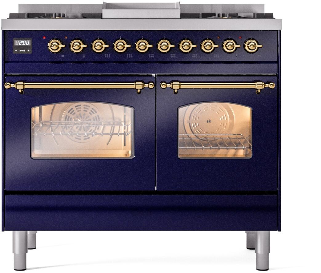 ILVE Nostalgie II 40-Inch Freestanding Natural Gas Dual Fuel Range, Midnight Blue with Brass Trim (UPD40FNMPMBG)