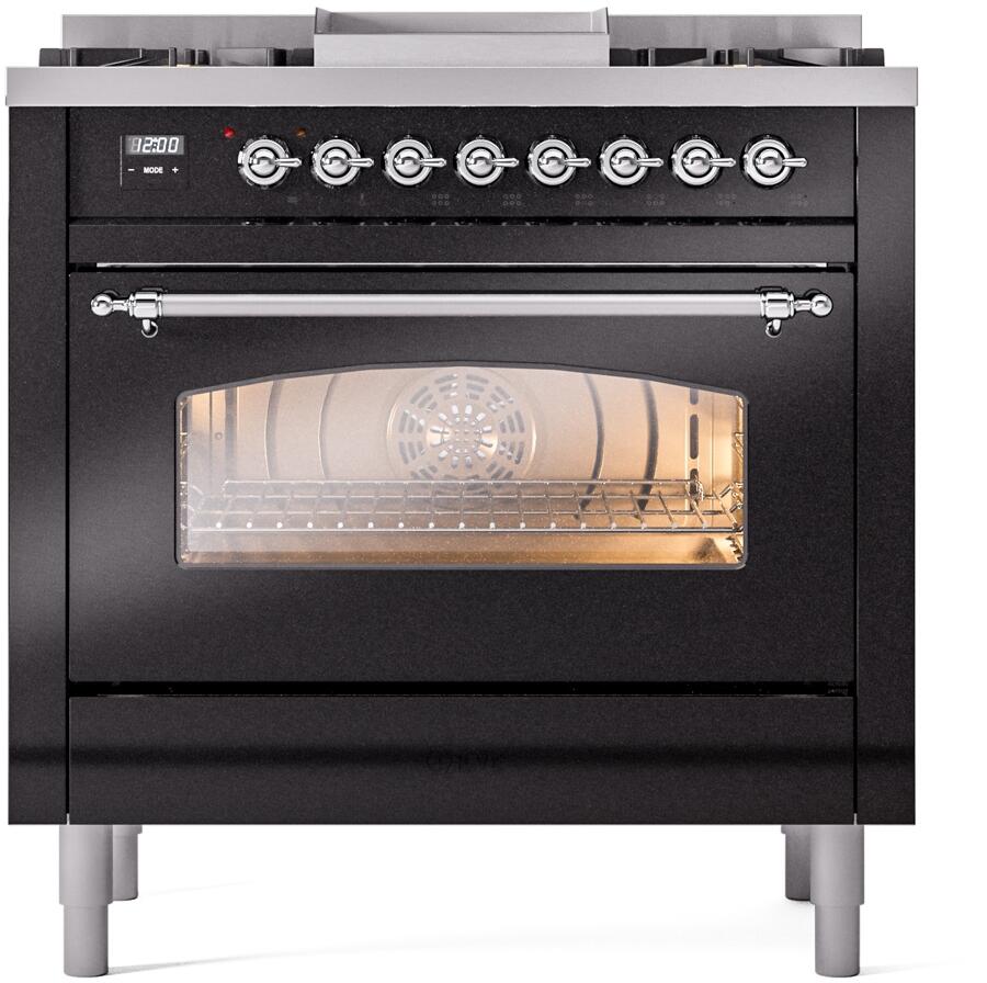 ILVE Nostalgie II 36-Inch Freestanding Dual Fuel Range, Glossy Black with Chrome Trim (UP36FNMPBKCLP)