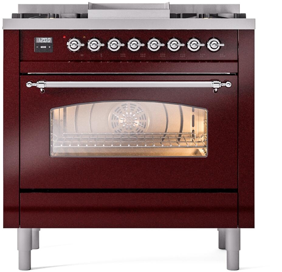 ILVE Nostalgie II 36-Inch Freestanding Dual Fuel Range, Burgundy with Chrome Trim (UP36FNMPBUCLP)