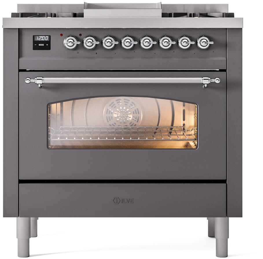 ILVE Nostalgie II 36-Inch Freestanding Natural Gas Dual Fuel Range, Matte Graphite with Chrome Trim (UP36FNMPMGC)