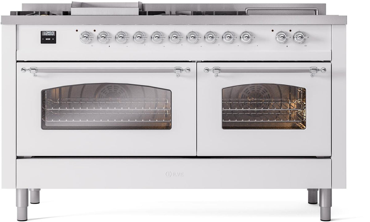 ILVE Nostalgie II 60-Inch Propane Dual Fuel Range, 7 Burners, Griddle, French Top, Triple Glass Door, White with Chrome Trim (UP60FSNMPWHCLP)