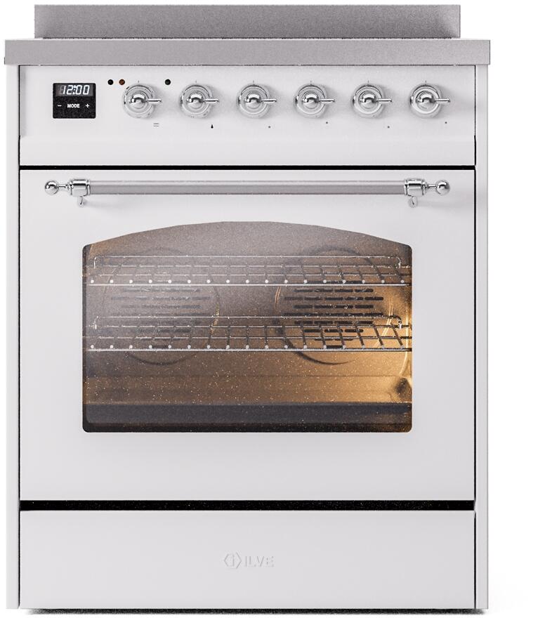 ILVE Nostalgie II 30-Inch Electric Induction Range, Freestanding, White with Chrome Trim (UPI304NMPWHC)