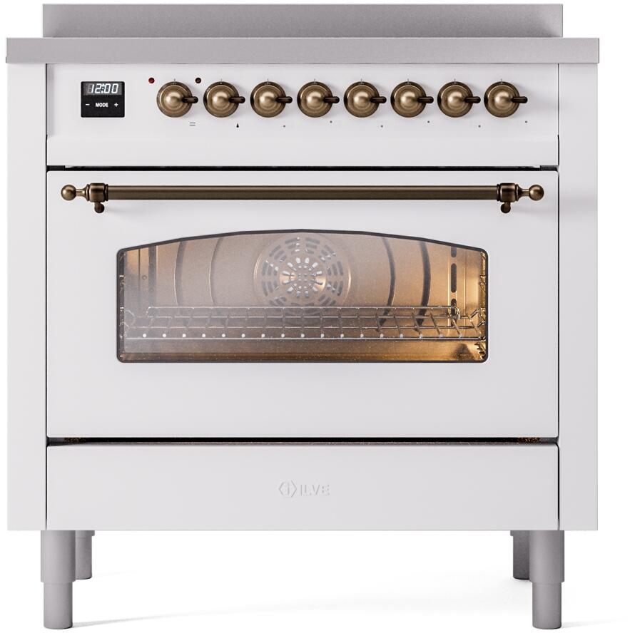 ILVE Nostalgie II 36-Inch Freestanding Electric Induction Range, White with Burnished Bronze Trim (UPI366NMPWHB)