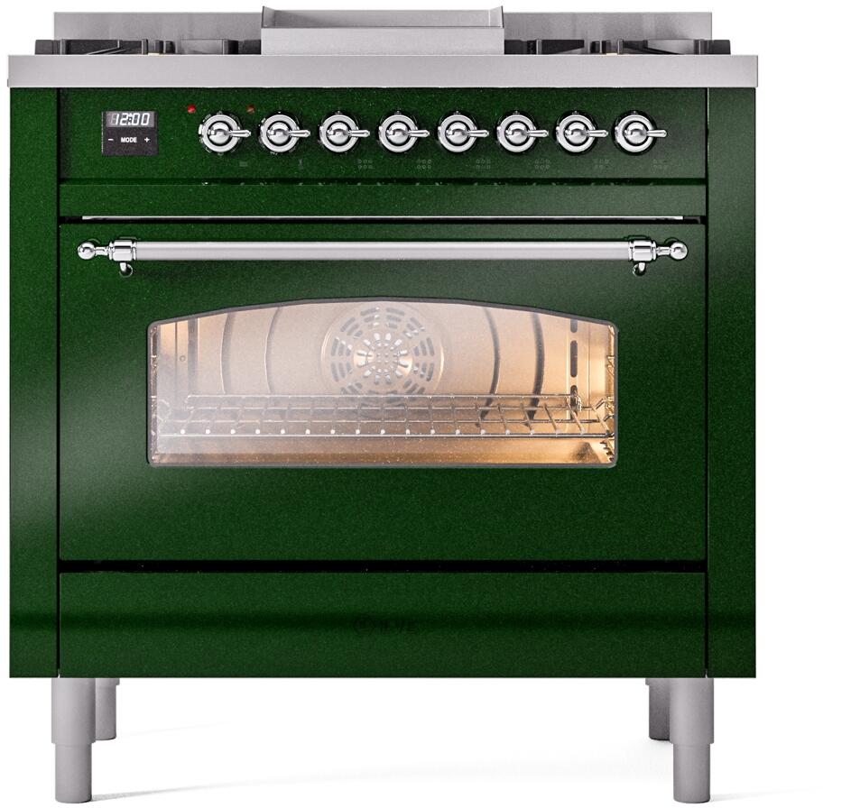 ILVE Nostalgie II 36-Inch Freestanding Natural Gas Dual Fuel Range, Emerald Green with Chrome Trim (UP36FNMPEGC)