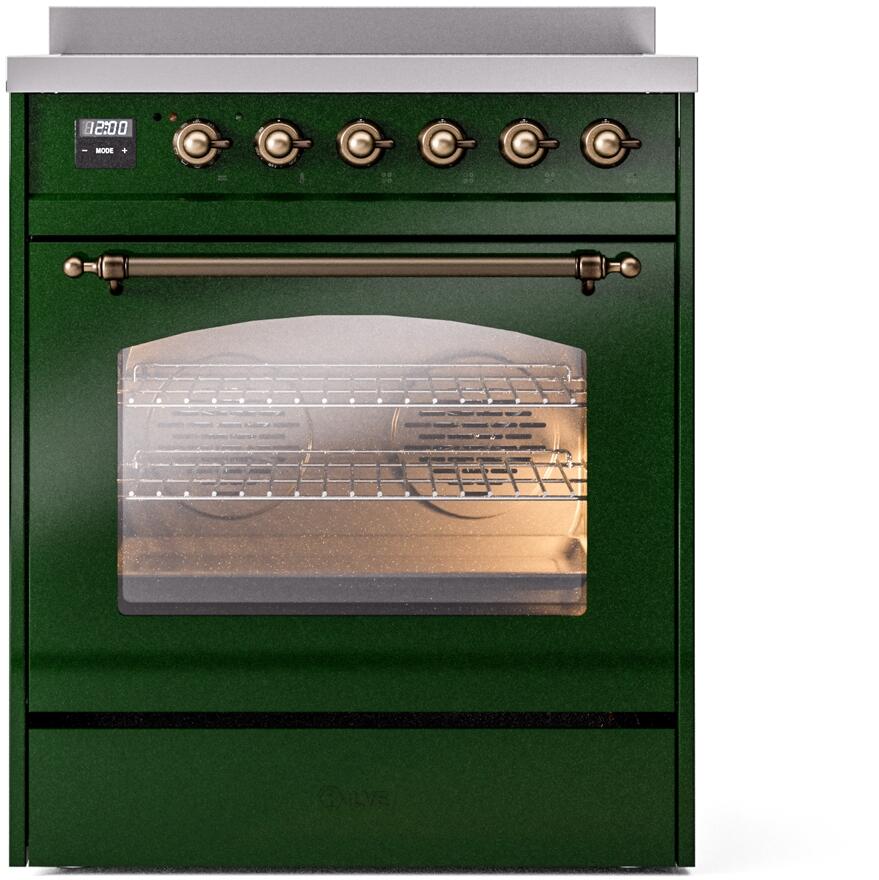 ILVE Nostalgie II 30-Inch Electric Induction Range, Freestanding, Emerald Green with Burnished Bronze Trim (UPI304NMPEGB)