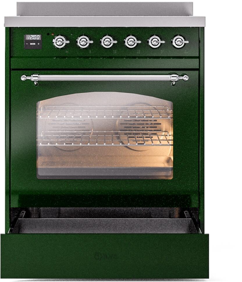 ILVE Nostalgie II 30-Inch Electric Induction Range, Freestanding, Emerald Green with Chrome Trim (UPI304NMPEGC)