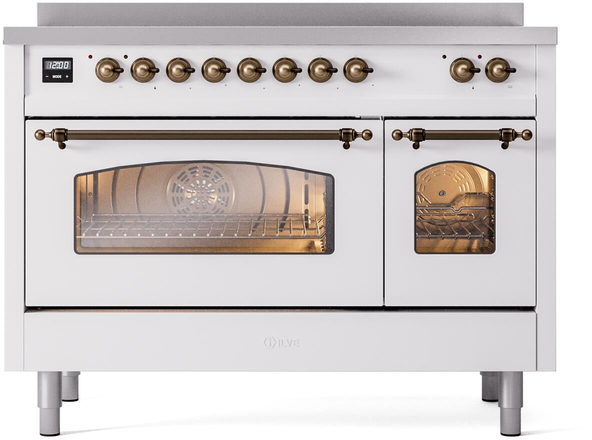 ILVE Nostalgie II 48-Inch Freestanding Electric Induction Range, White with Burnished Bronze Trim (UPI486NMPWHB)