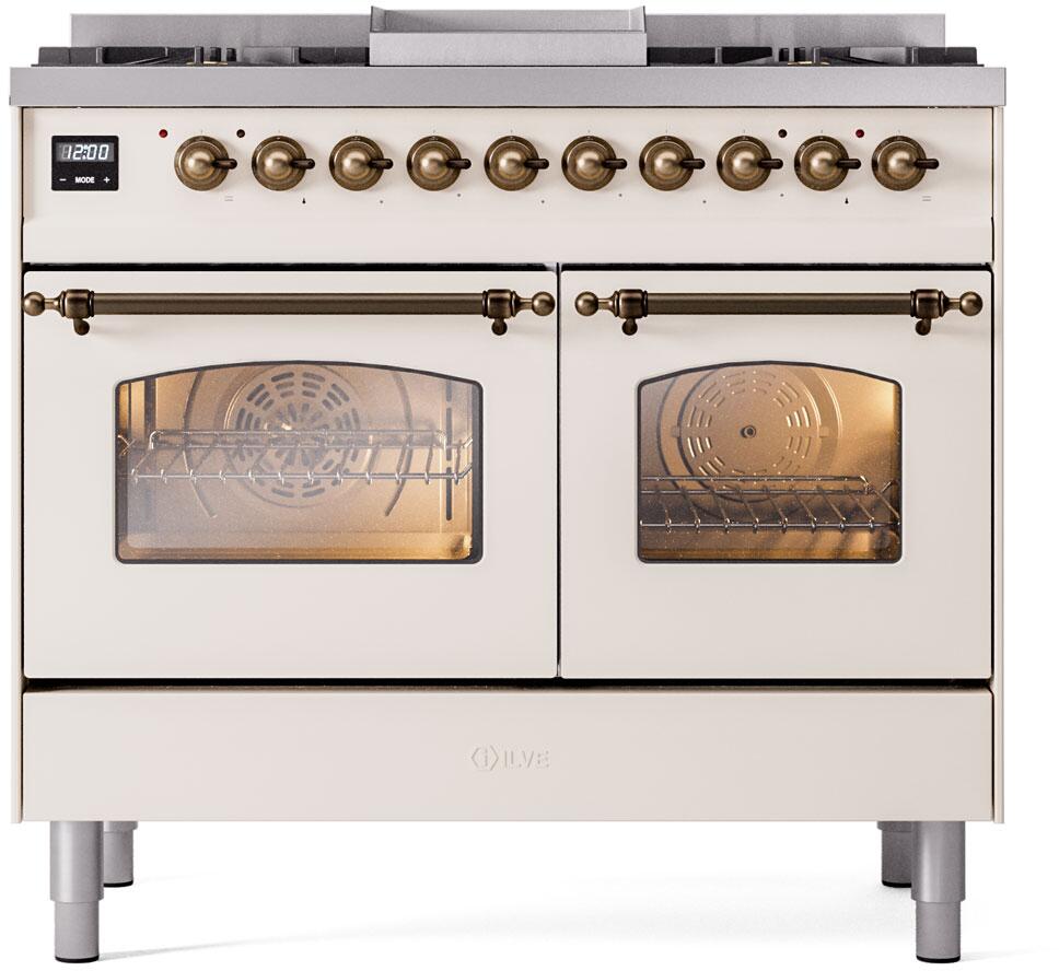 ILVE Nostalgie II 40-Inch Freestanding Dual Fuel Range, Antique White with Burnished Bronze Trim (UPD40FNMPAWBLP)
