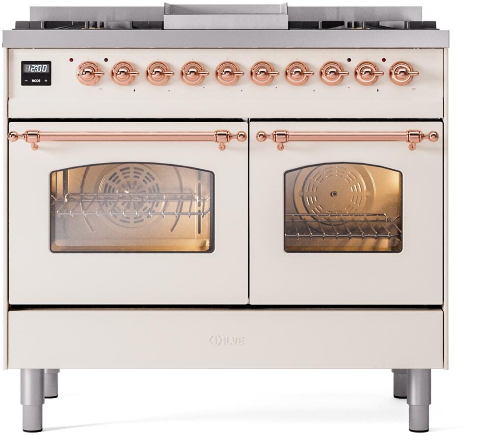 ILVE Nostalgie II 40-Inch Freestanding Natural Gas Dual Fuel Range, Antique White with Copper Trim (UPD40FNMPAWP)